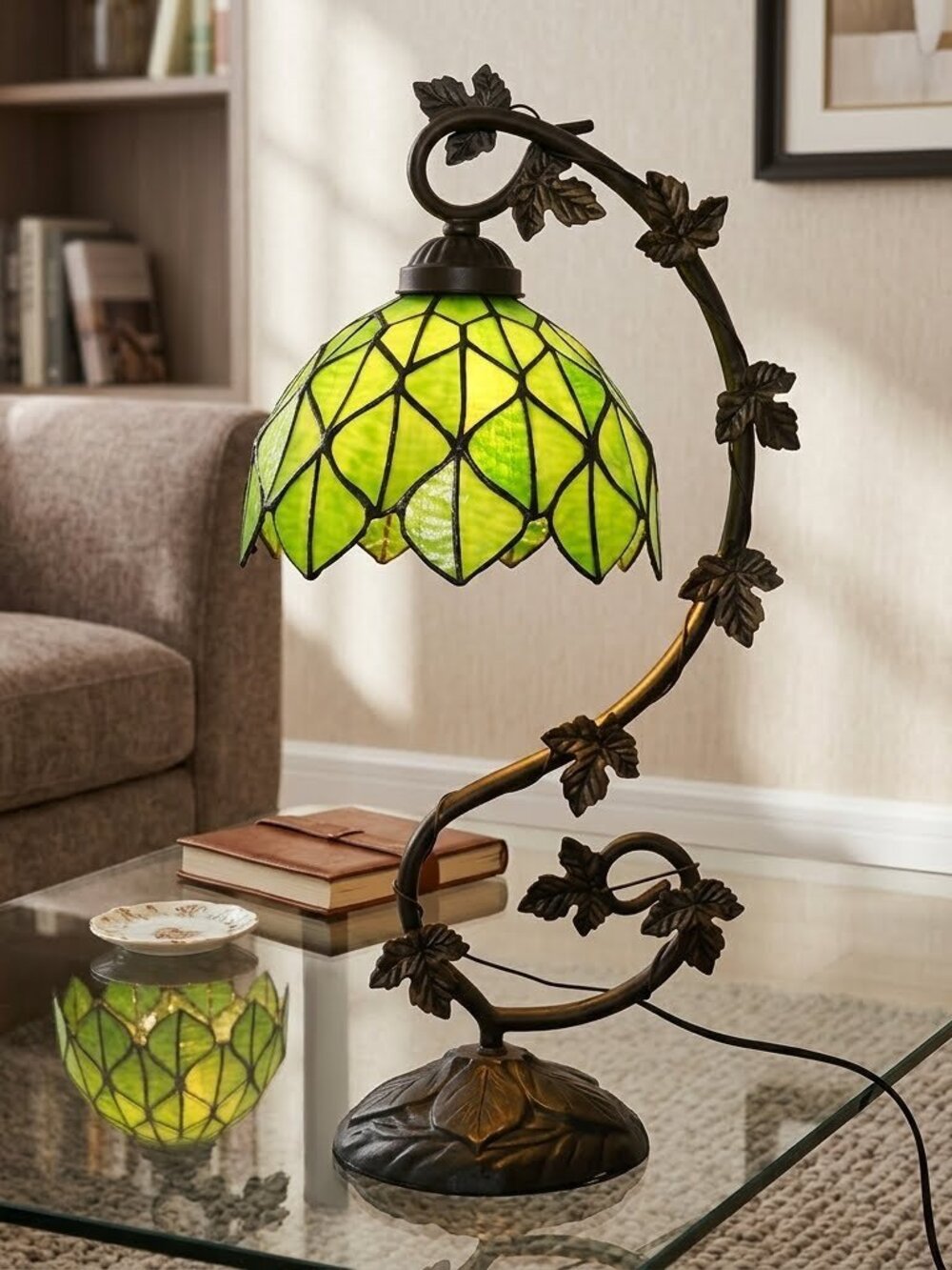 Green Maple Leaf Tiffany Style Table Lamp 21" High
